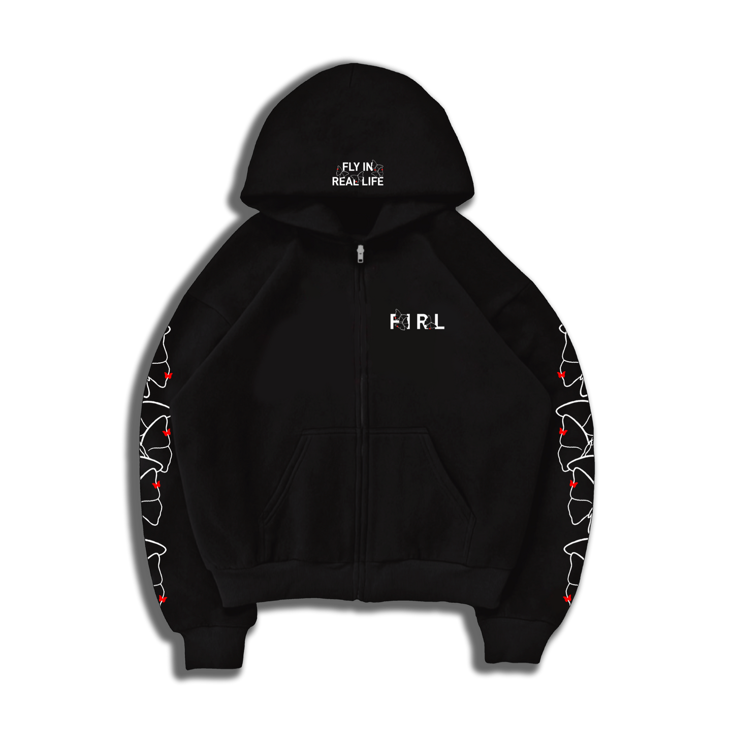 FIRL BUTTERFLY PATTERN ZIP UP HOODIE - BLACK/RED/WHITE