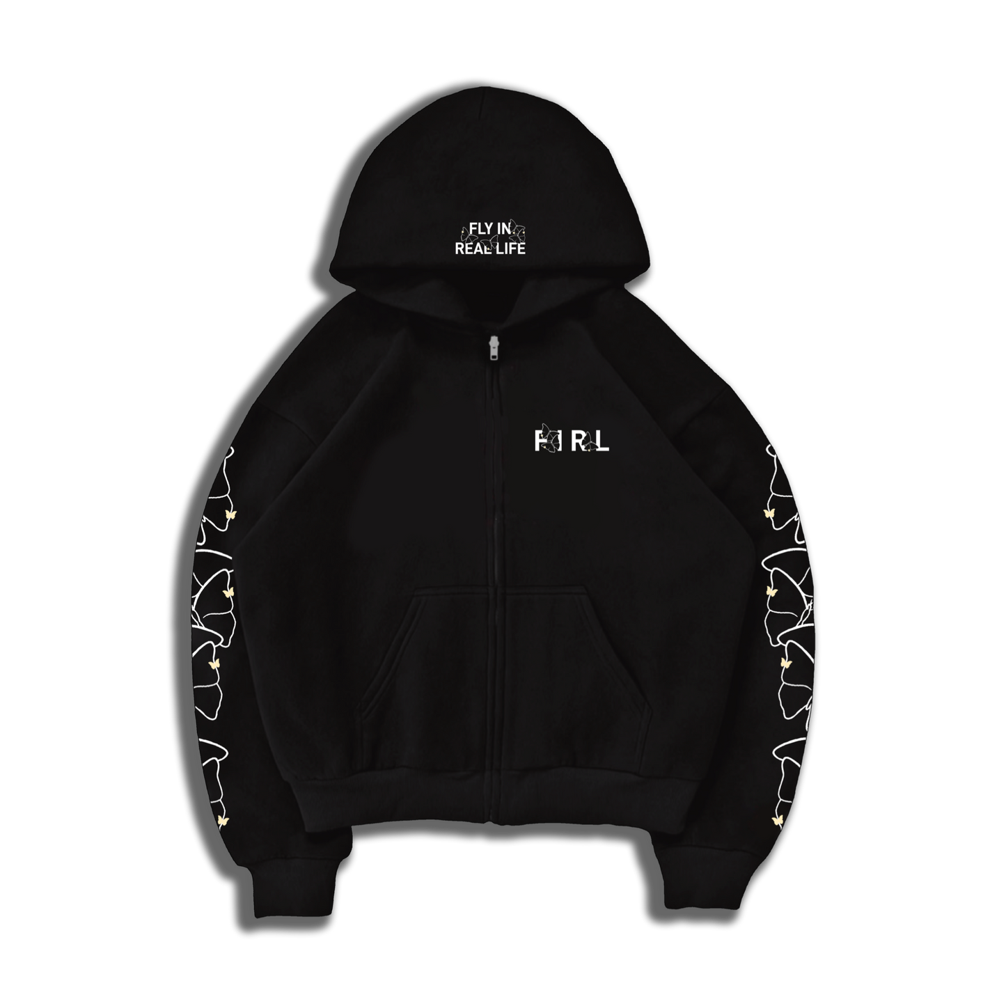 FIRL BUTTERFLY PATTERN ZIP UP HOODIE - BLACK/CREAM/WHITE
