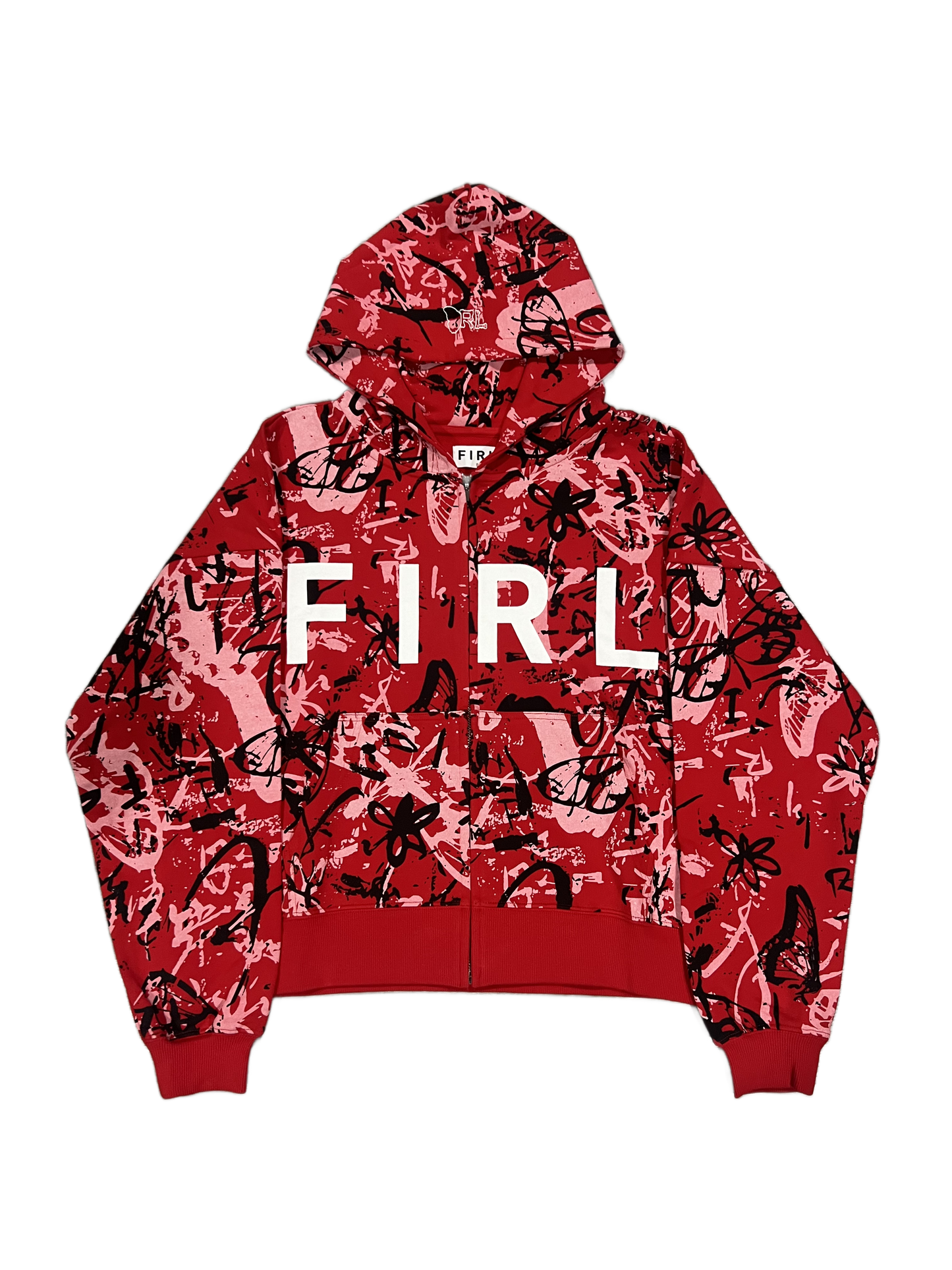 FIRL GRAFFITI CROPPED ZIP UP HOODIE - RED/LIGHT PINK/BLACK/WHITE