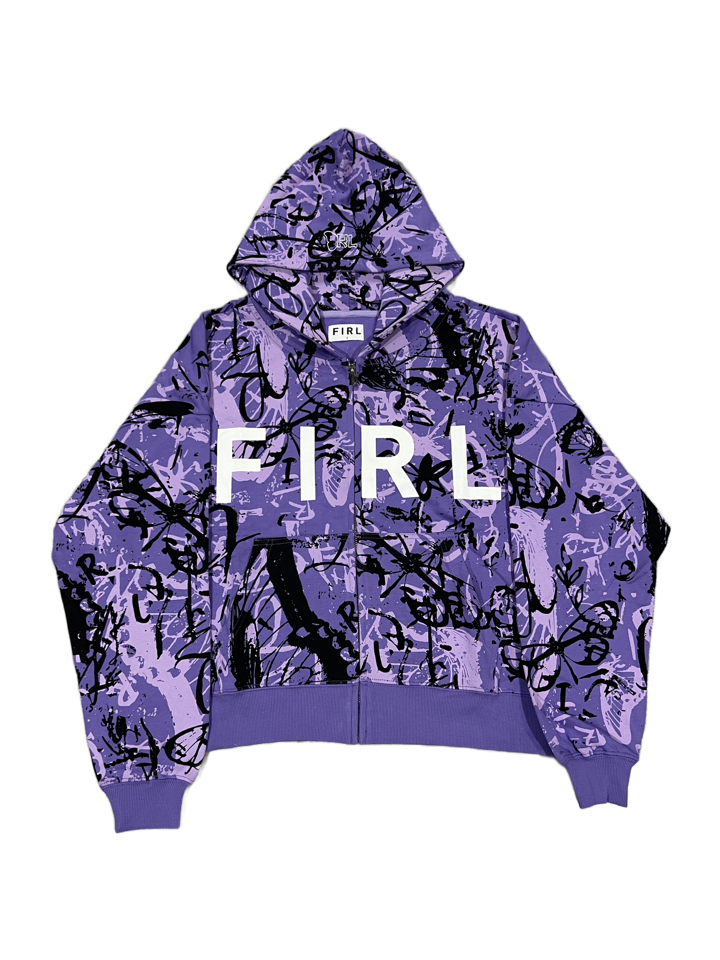 FIRL GRAFFITI CROPPED ZIP UP HOODIE - PURPLE /LAVENDER/BLACK/WHITE