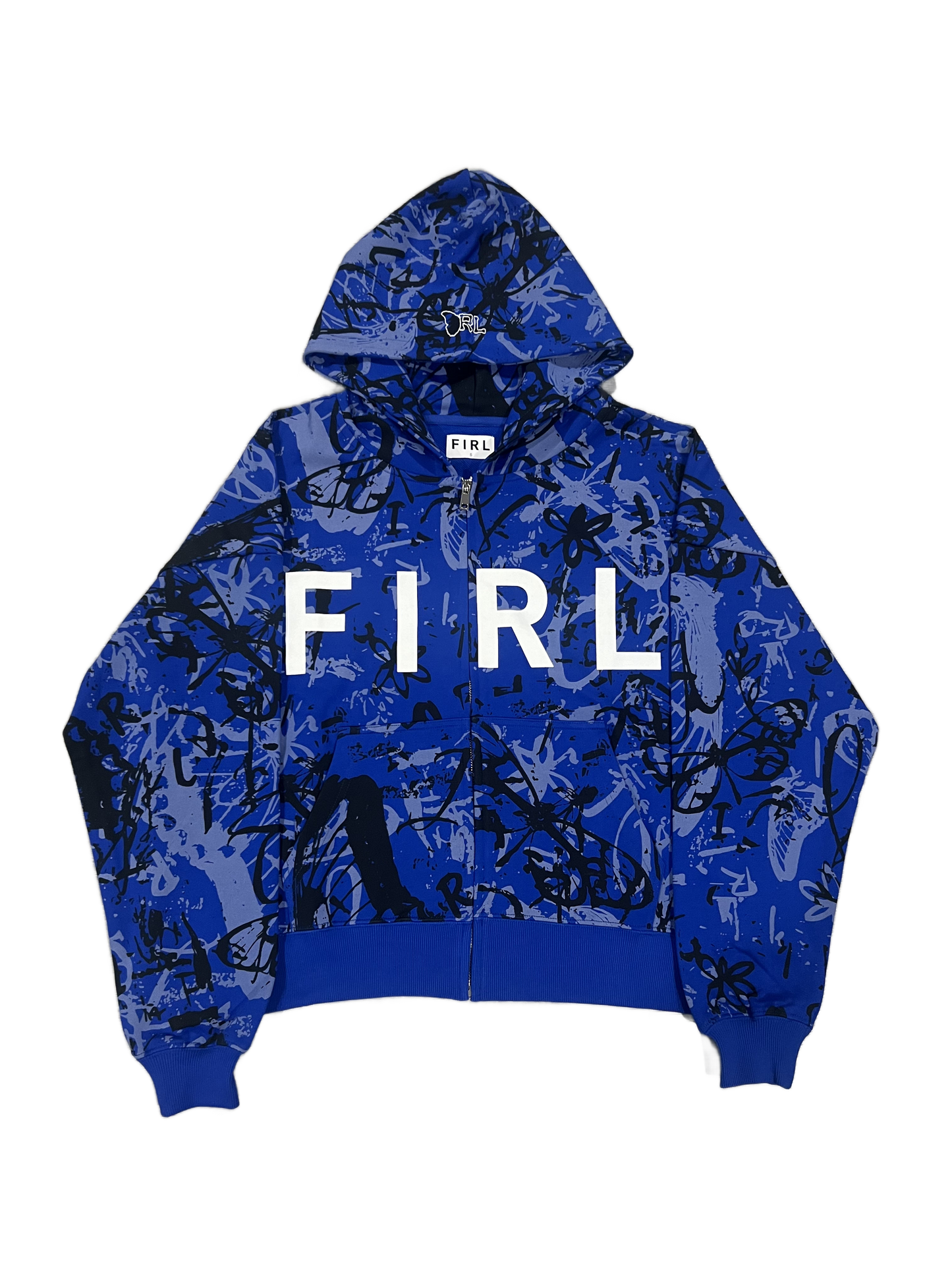 FIRL GRAFFITI CROPPED ZIP UP HOODIE - BLUE/LIGHT BLUE/BLACK/WHITE
