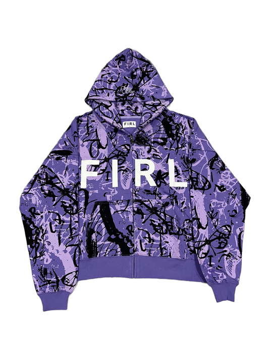 FIRL GRAFFITI CROPPED ZIP UP HOODIE - PURPLE /LAVENDER/BLACK/WHITE