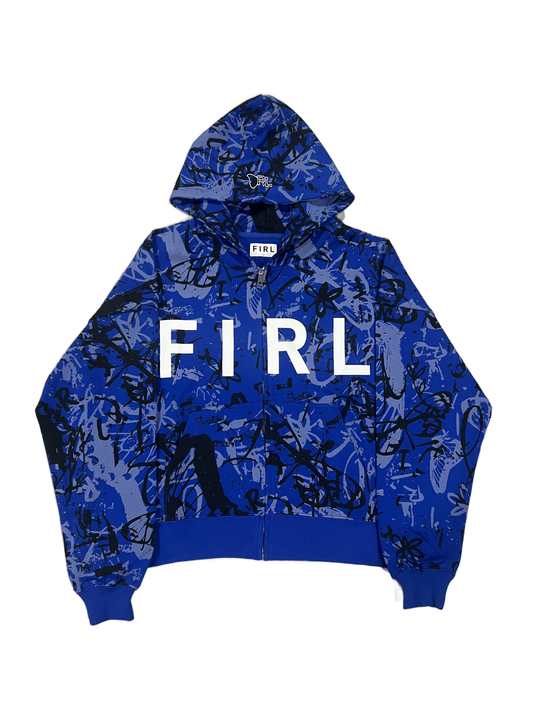 FIRL GRAFFITI CROPPED ZIP UP HOODIE - BLUE/LIGHT BLUE/BLACK/WHITE